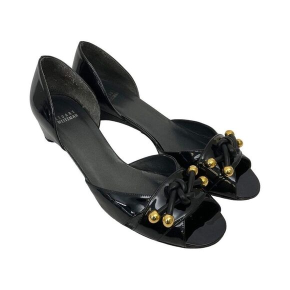 Stuart Weitzman Size 9 Black Patent Leather D'Orsay Peep Toe Cone Heels Sandals - Picture 1 of 10